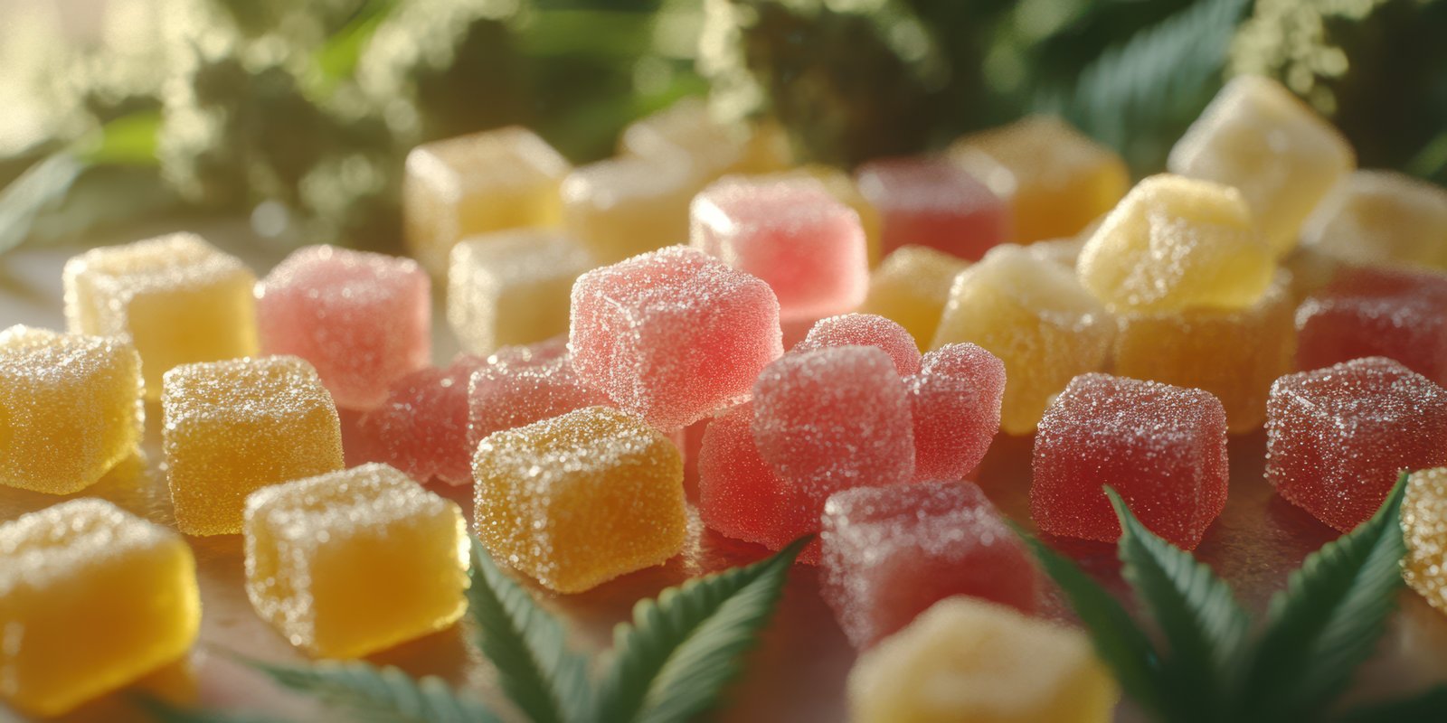 Colorful gummy candies on a wooden surface surrounded by green leaves in a warm light setting